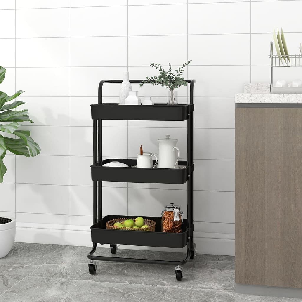 3-tier kitchen trolley black 16.5"x13.8"x33.5" iron and abs