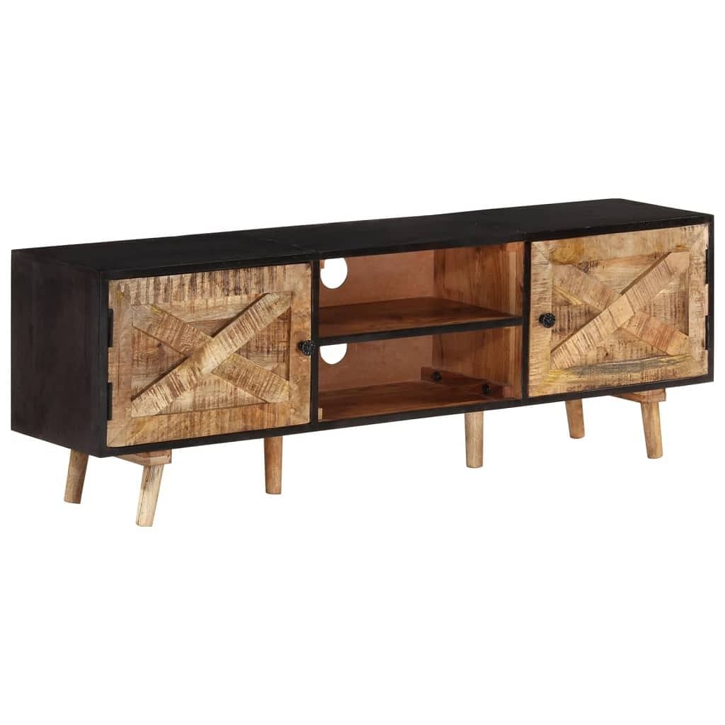 Tv cabinet natural wood, black rough mango wood, solid acacia wood