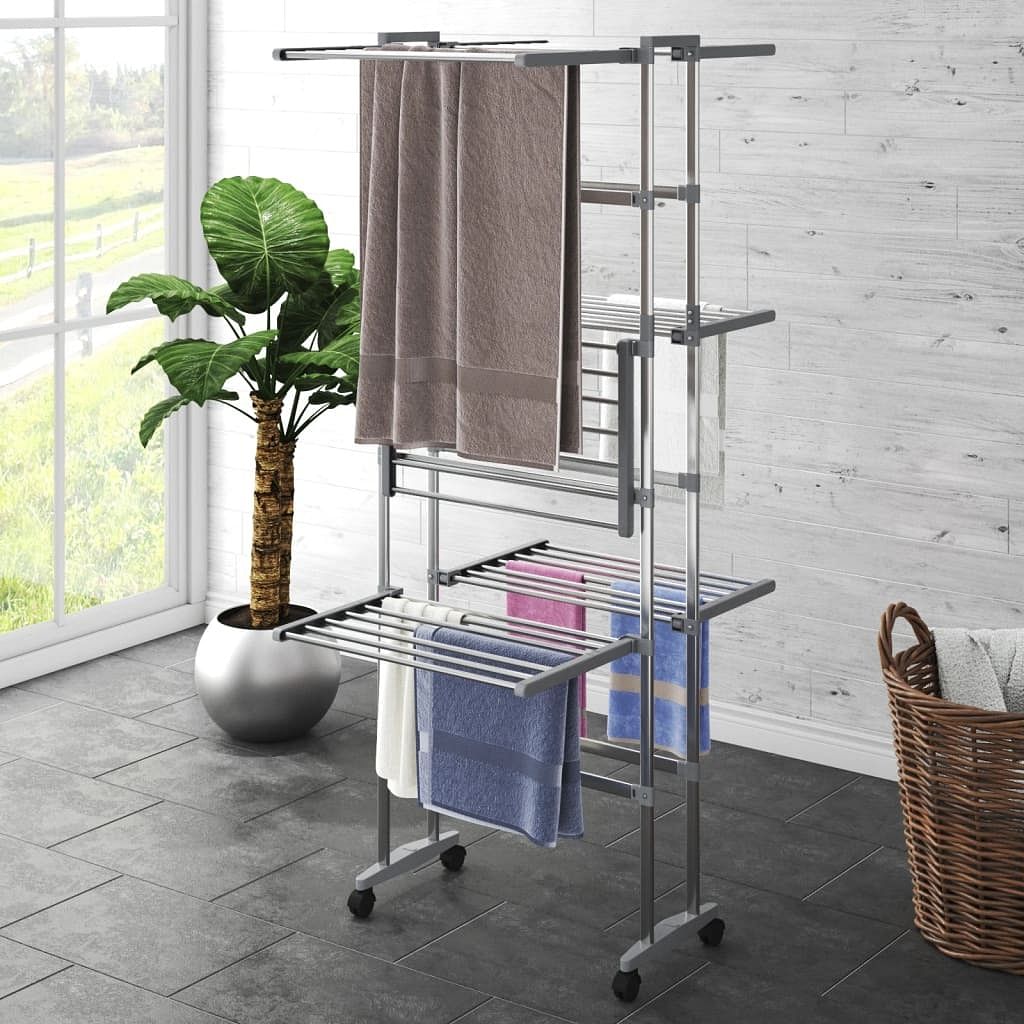 3-tier laundry drying rack with wheels silver 23.6"x27.6"x50.8"