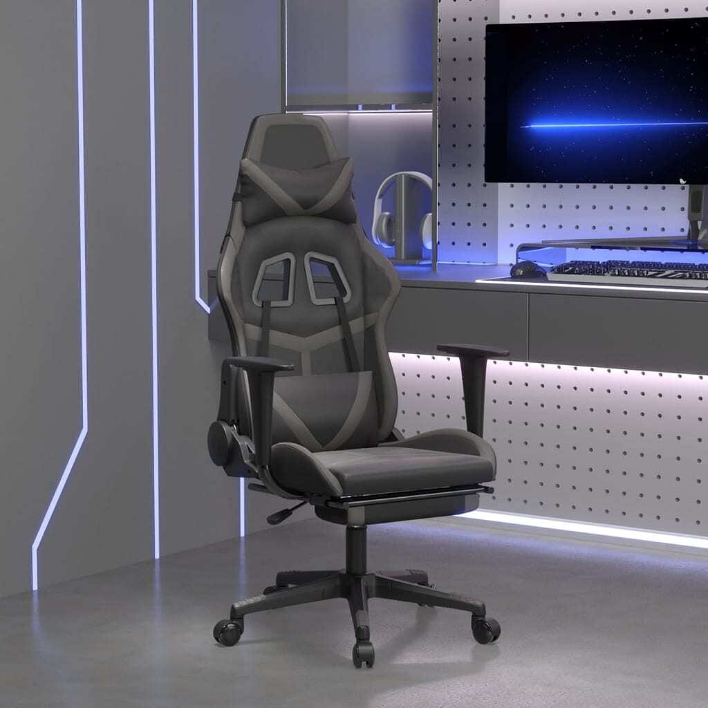 Gaming chair black and grey faux leather, metal, plywood, plastic