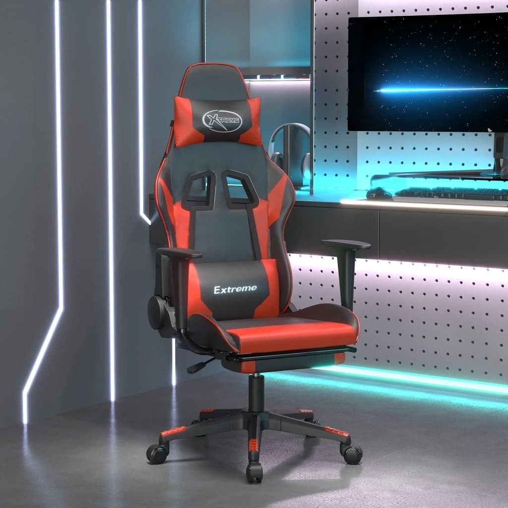 Massage gaming chair with footrest black&red faux leather