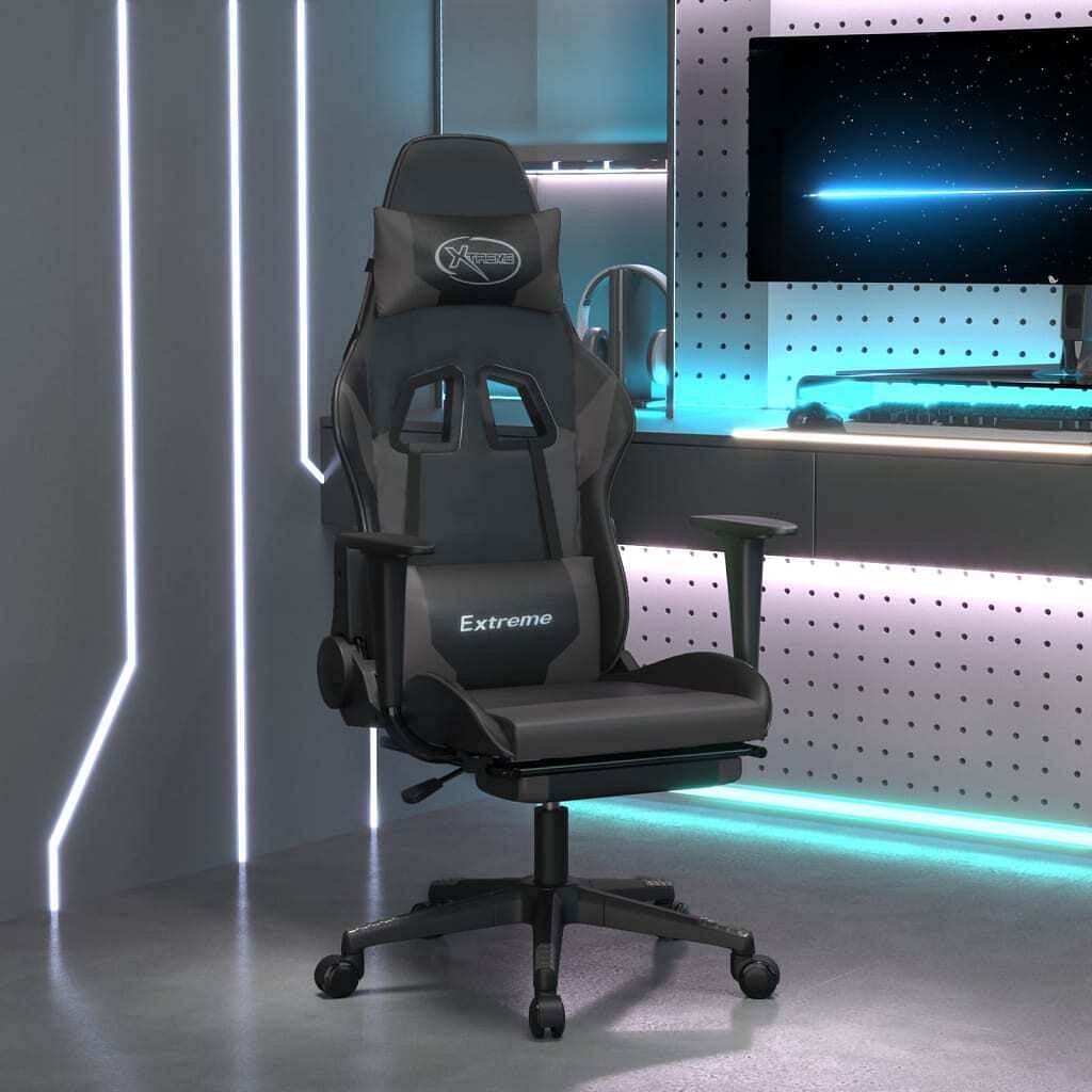 Gaming chair black and gray faux leather, metal, plywood, foam