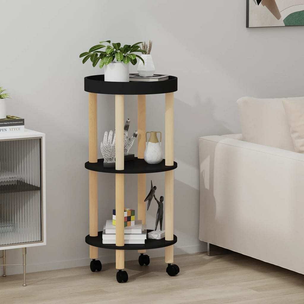 3-tier trolley black 15"x15"x32.3" engineered wood&solid wood pine