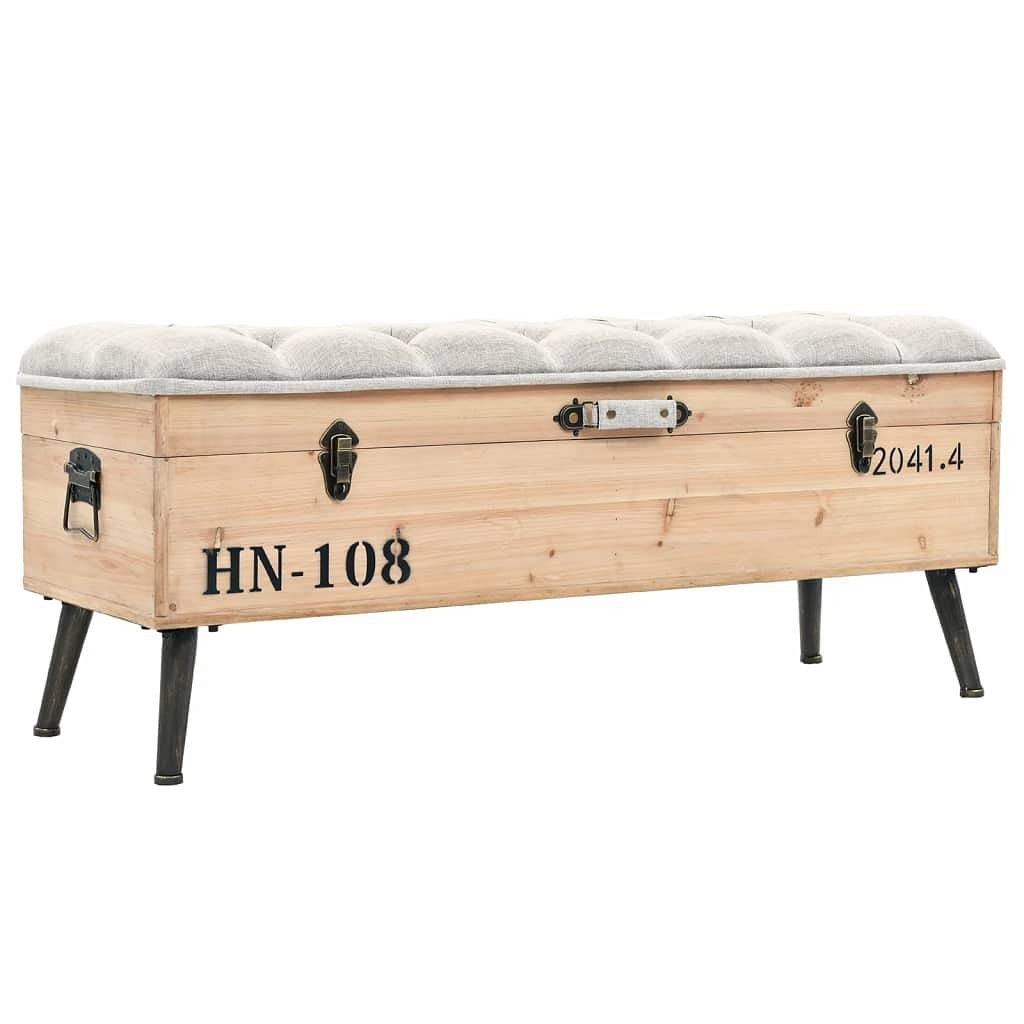 Storage bench natural wood with grey fabric