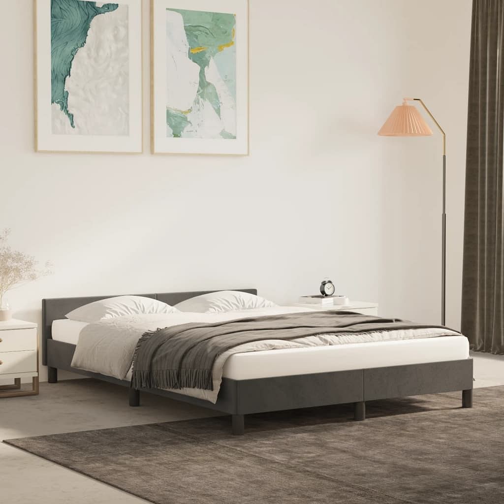 Bed frame with headboard dark grey velvet, plywood, engineered wood
