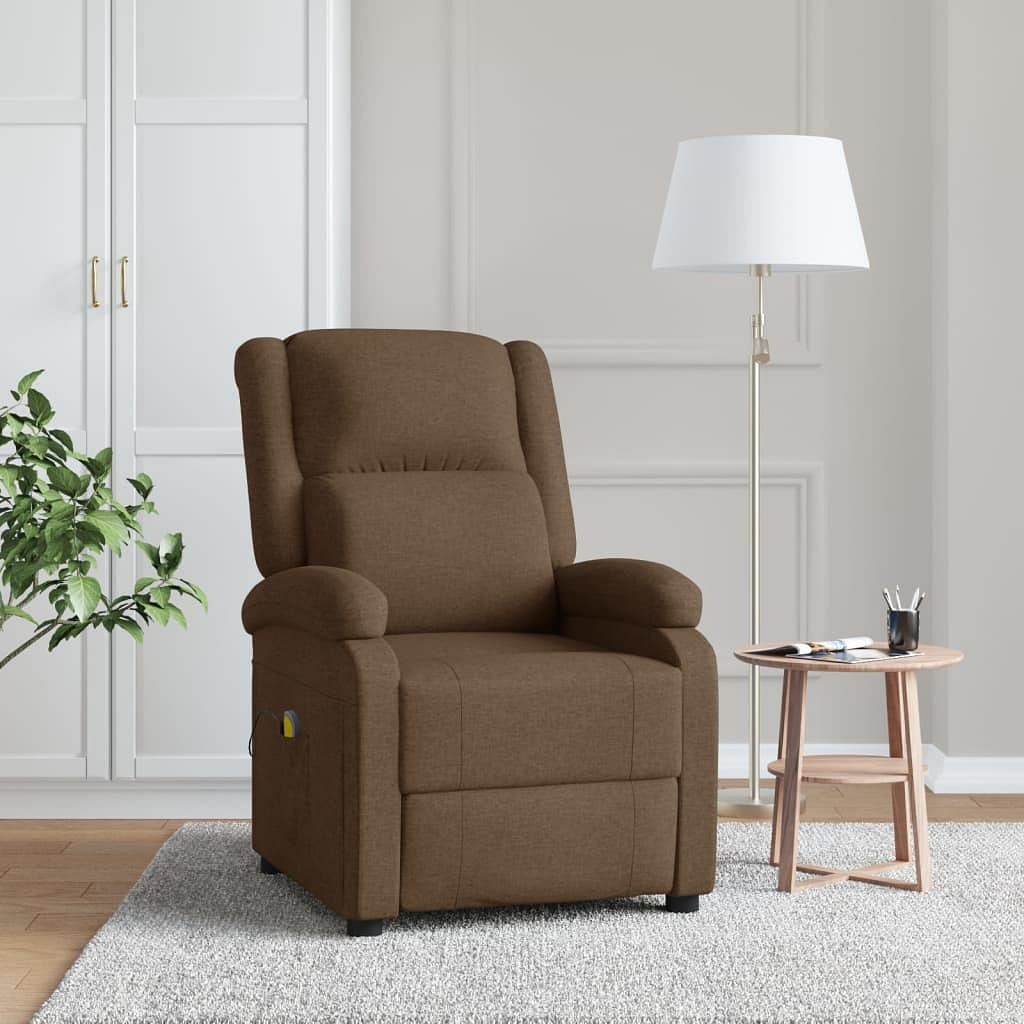 Massage chair brown fabric, wood, and metal single massage chair