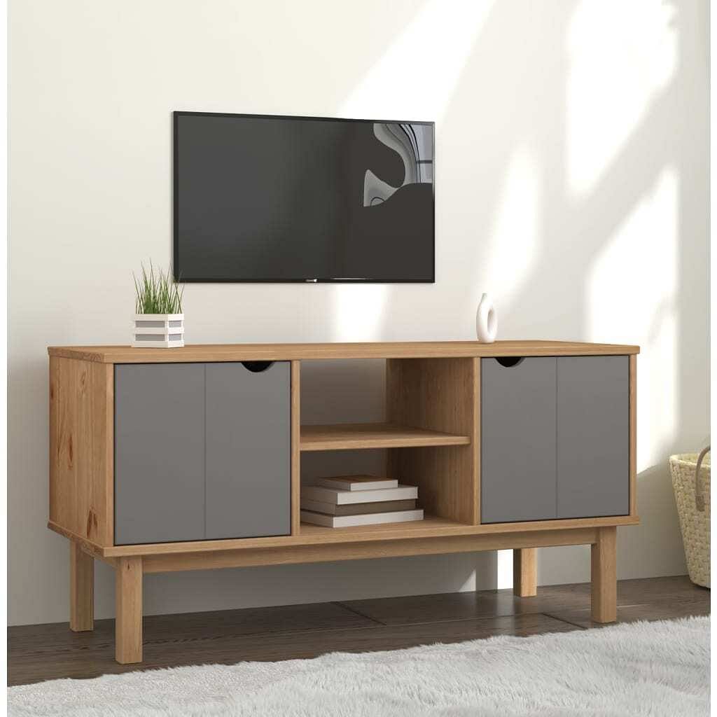Tv cabinet brown and grey solid pinewood, engineered wood