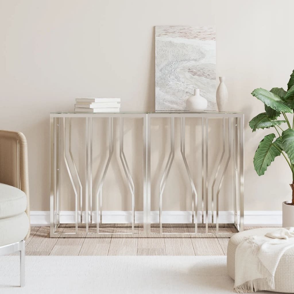 Console table silver stainless steel, tempered glass one size