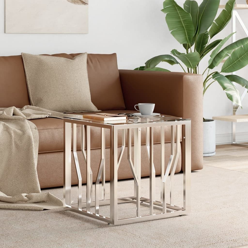 Coffee table silver, marble stainless steel, tempered glass medium
