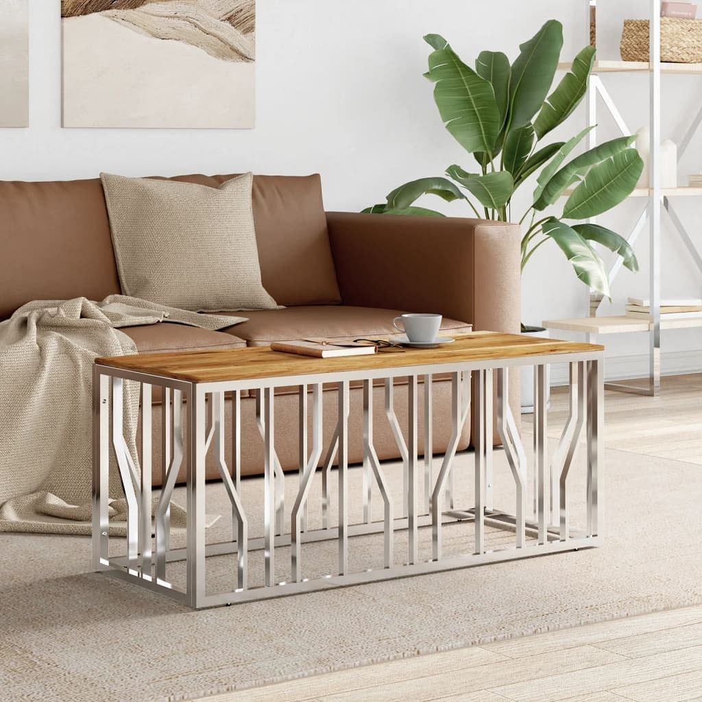 Coffee table silver stainless steel, solid acacia wood medium