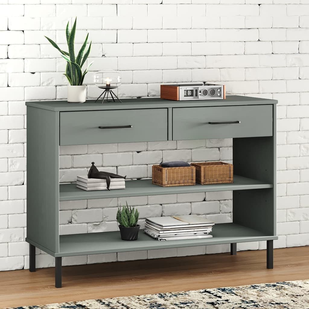 Console cabinet grey solid pine wood, metal medium cabinet