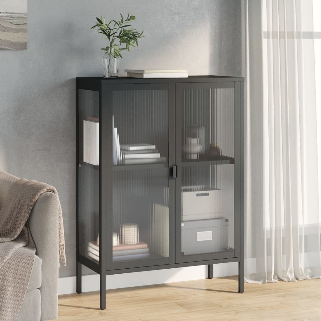 Sideboard black powder-coated steel, fluted glass medium
