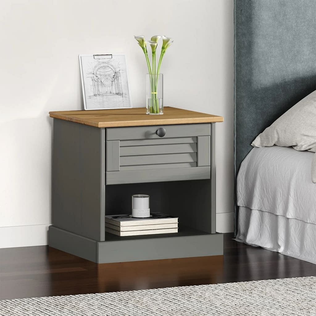 Bedside cabinet grey solid pine wood, engineered wood, metal