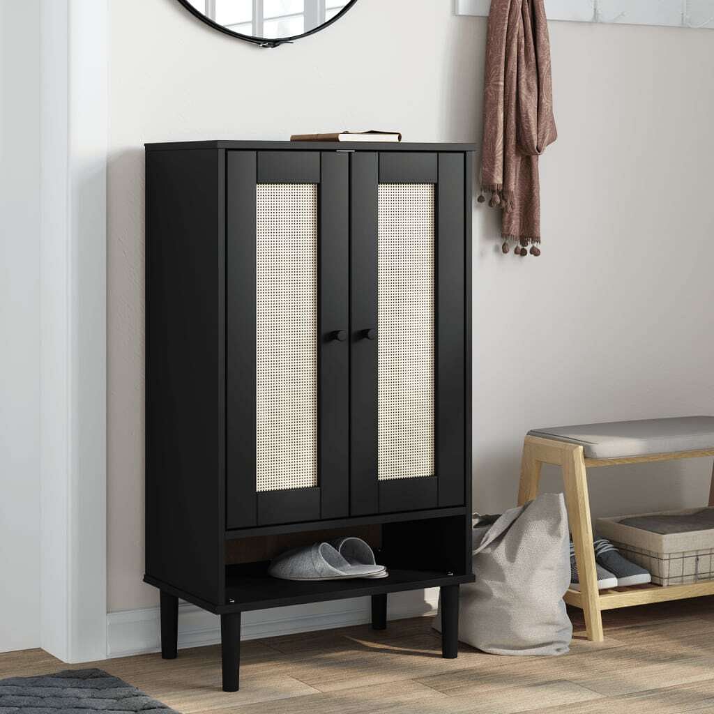 Shoe cabinet black solid pine wood, engineered wood, poly rattan