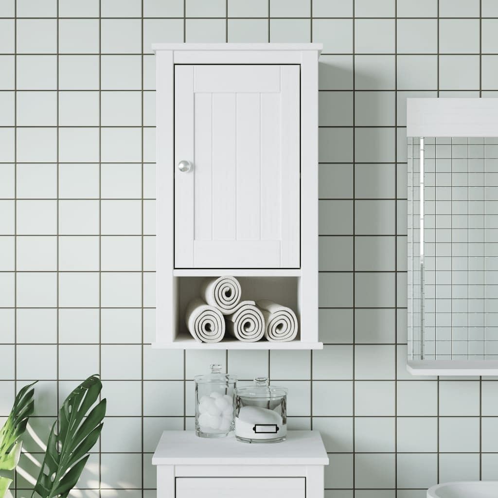 Bathroom wall cabinet white solid pine wood, engineered wood, metal
