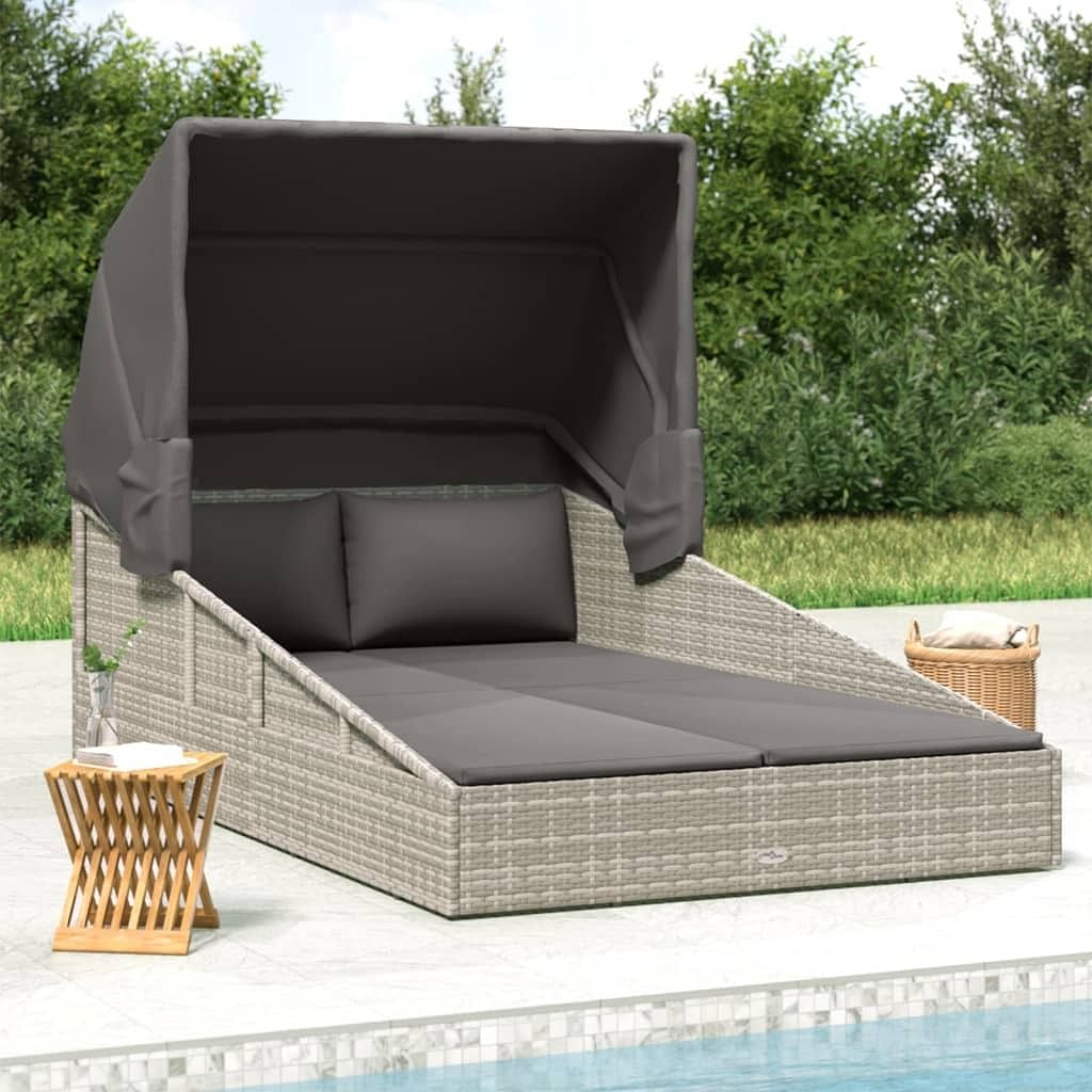 Patio sunbed gray pe rattan, powder-coated steel, polyester double