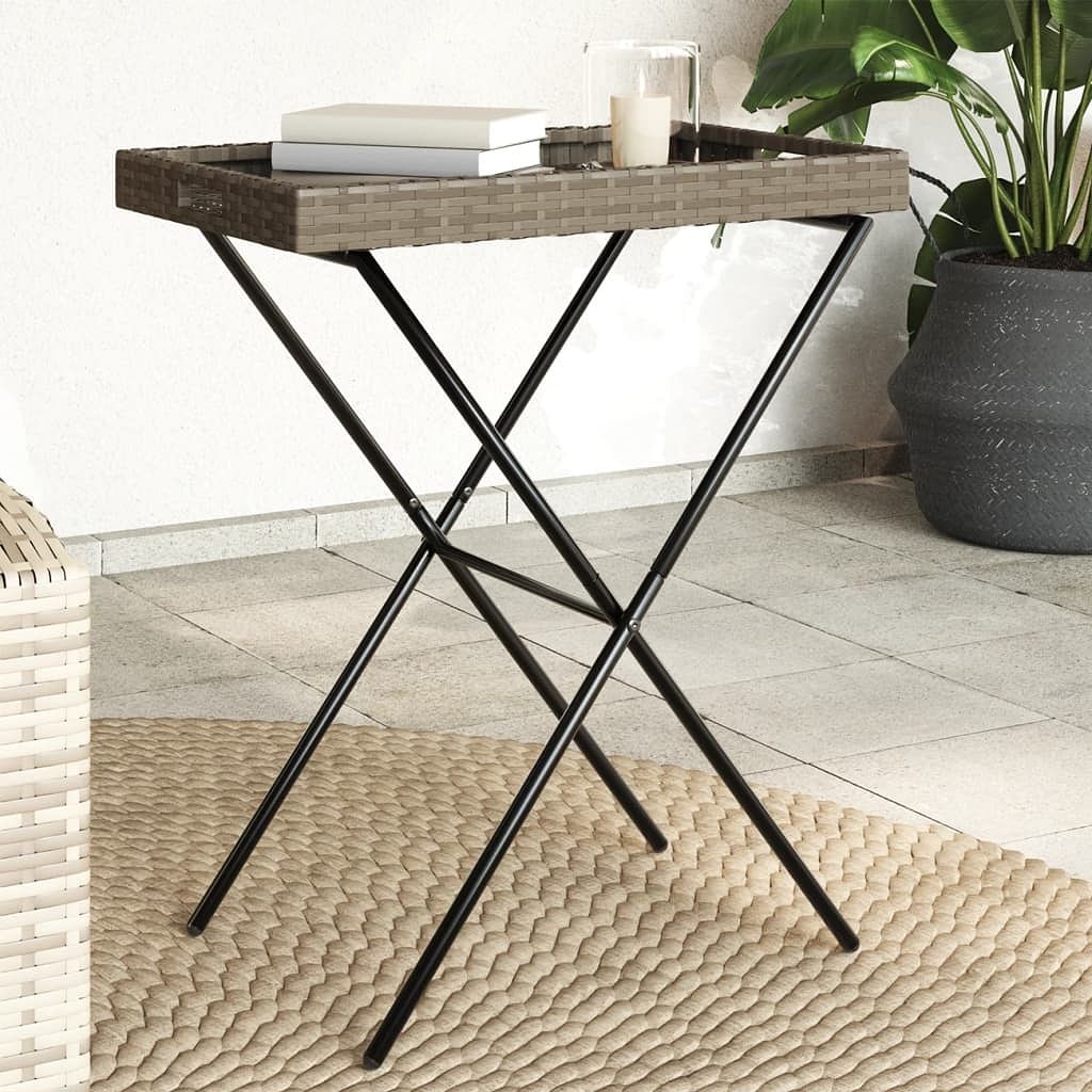 Folding tray table grey flat pe rattan, powder-coated steel, pc board