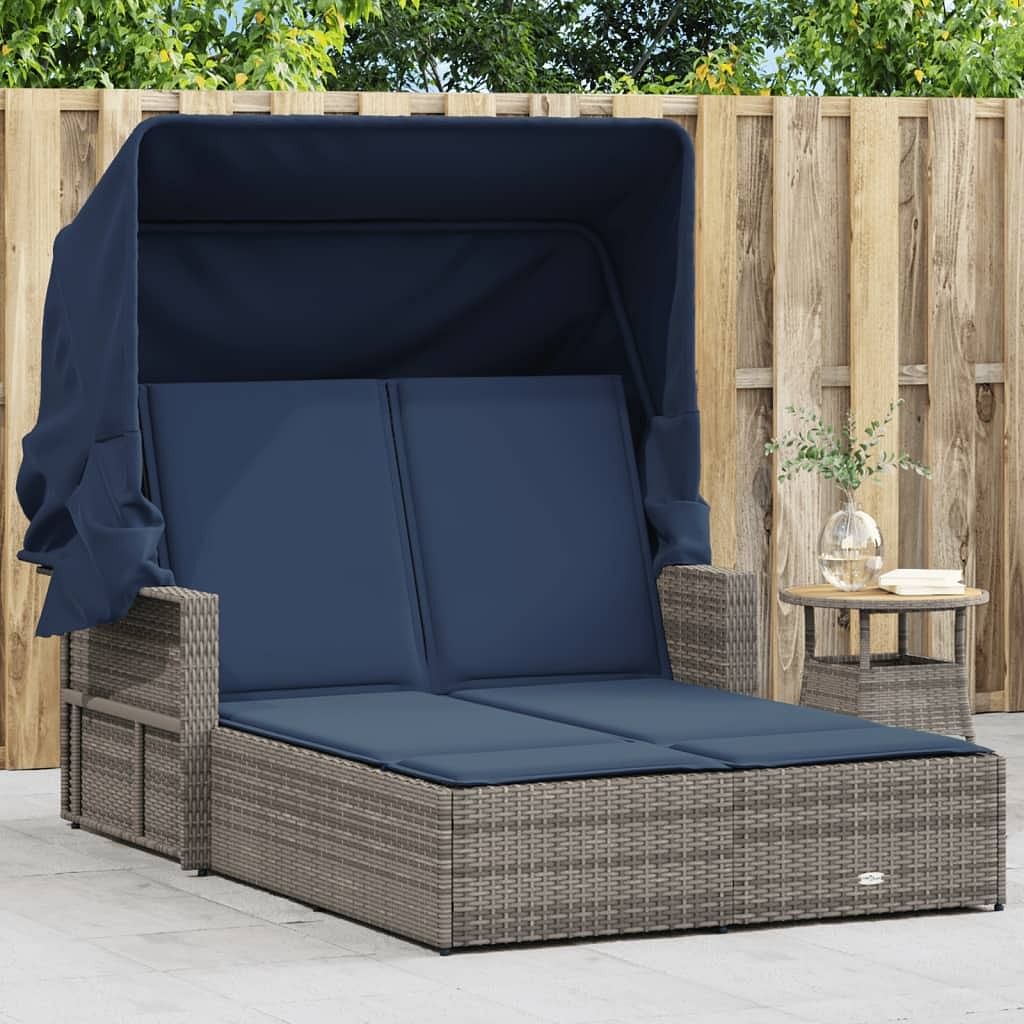 Double sun lounger grey pe rattan, navy blue cushions