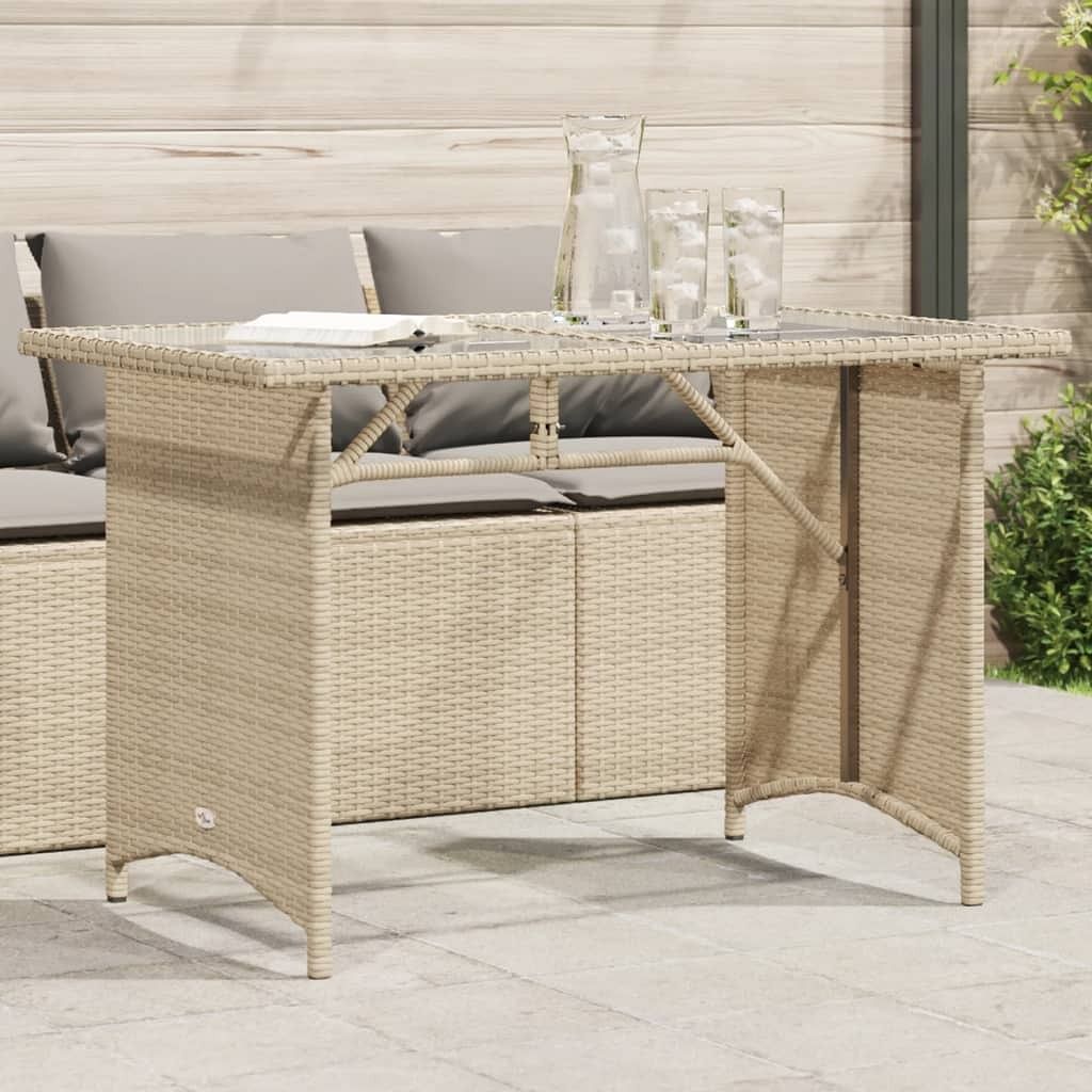 Garden table beige pe rattan, powder-coated steel, tempered glass