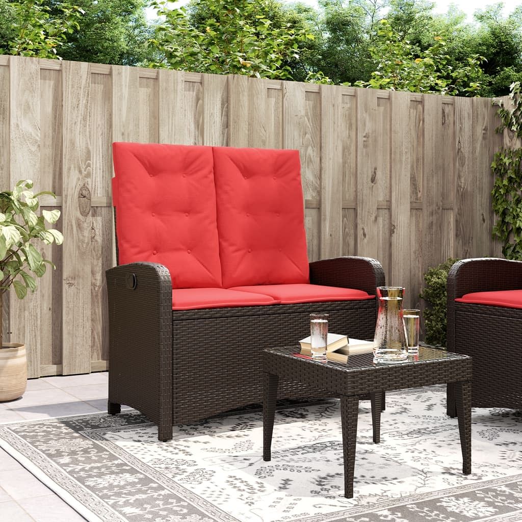 Reclining garden bench brown poly rattan 2-seater