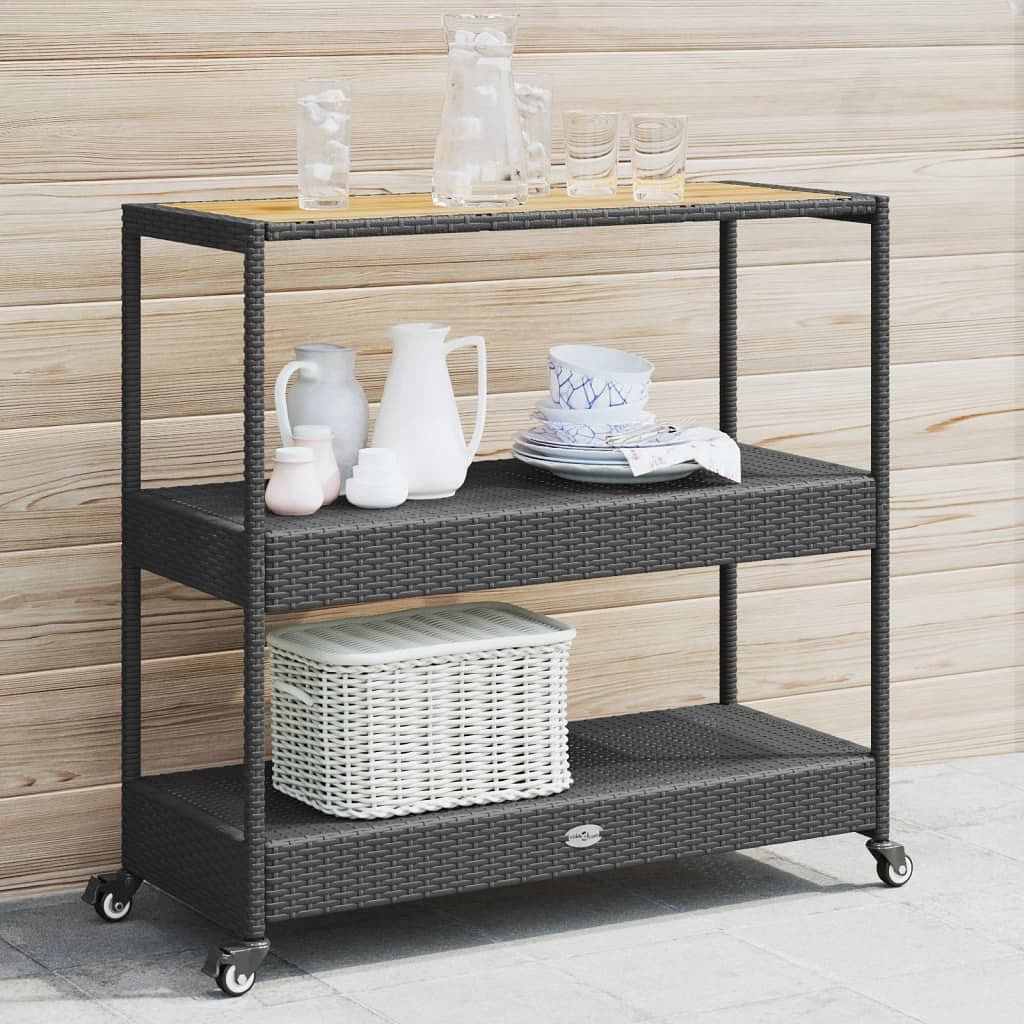 Bar cart 3-tier black poly rattan and solid wood acacia