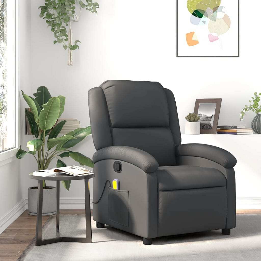 Massage recliner chair grey real leather, metal, plywood medium