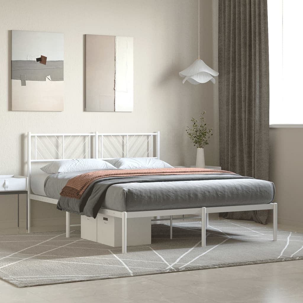 Metal bed frame white powder-coated steel king size