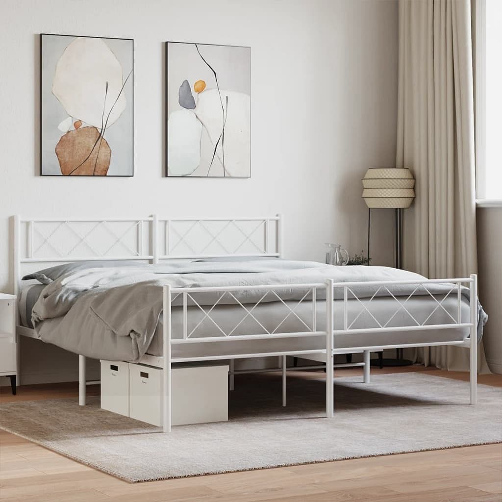 Metal bed frame white powder-coated steel king size