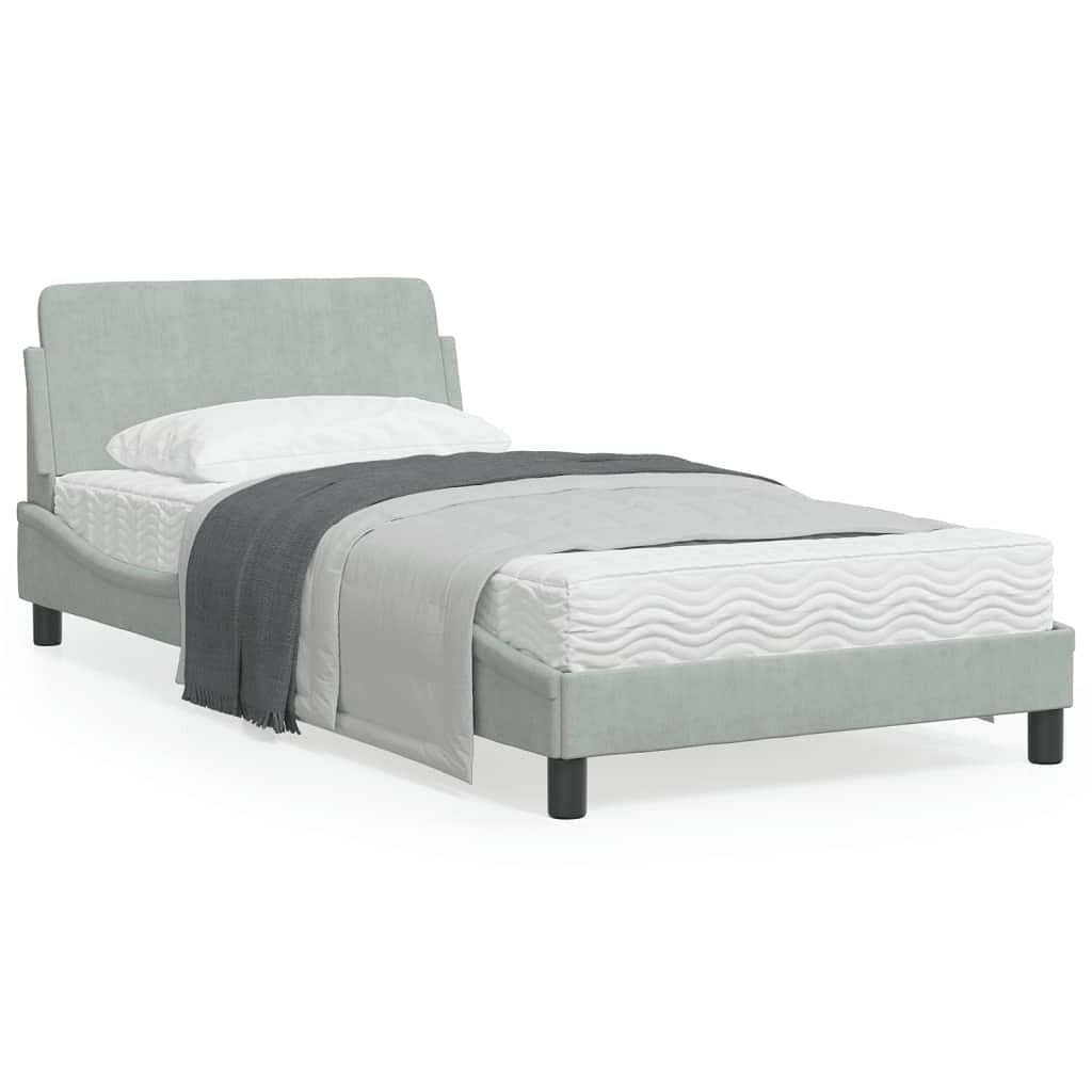 Bed frame light gray velvet, metal, plywood, engineered wood single