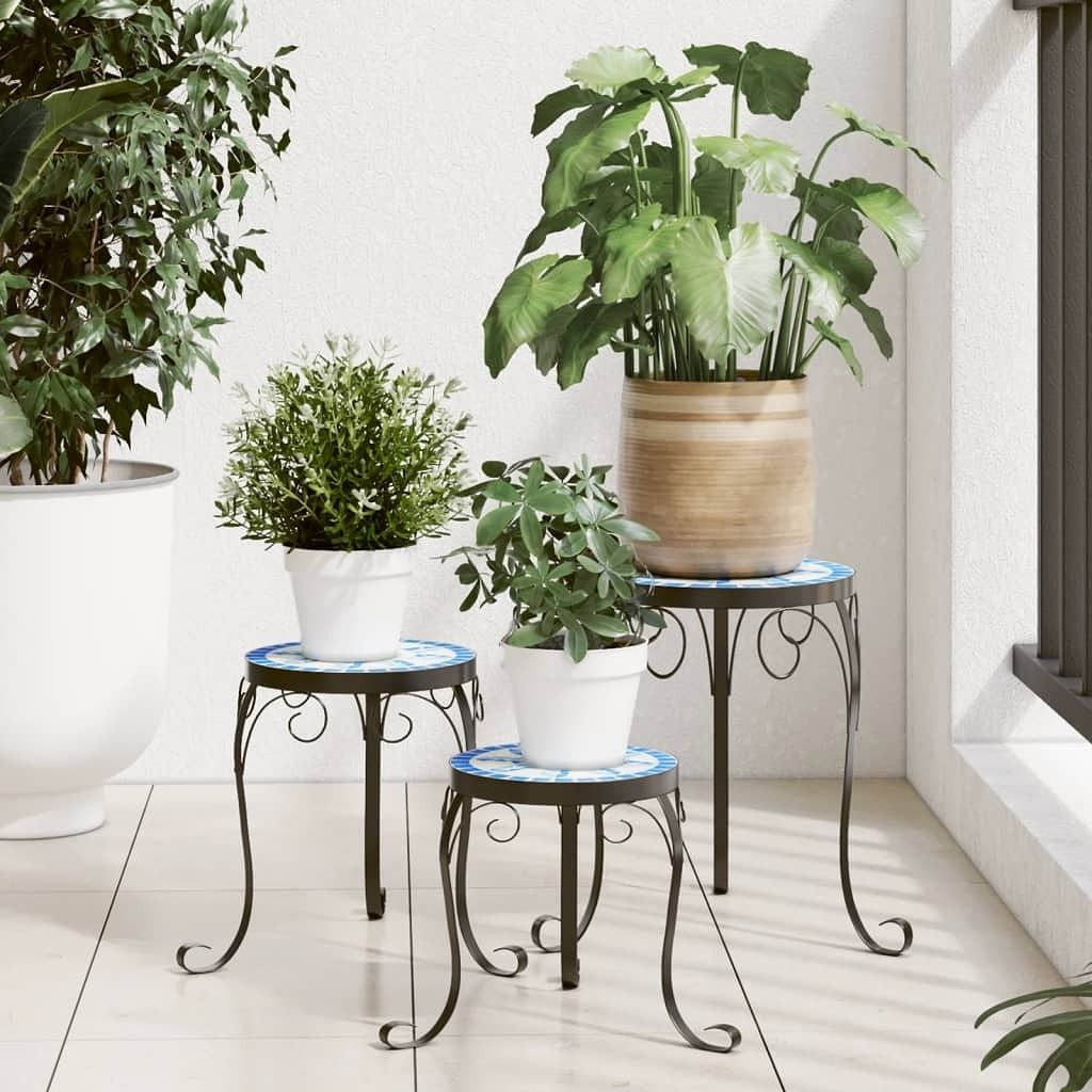 Plant stand set of 3 blue and white powder-coated iron and ceramic