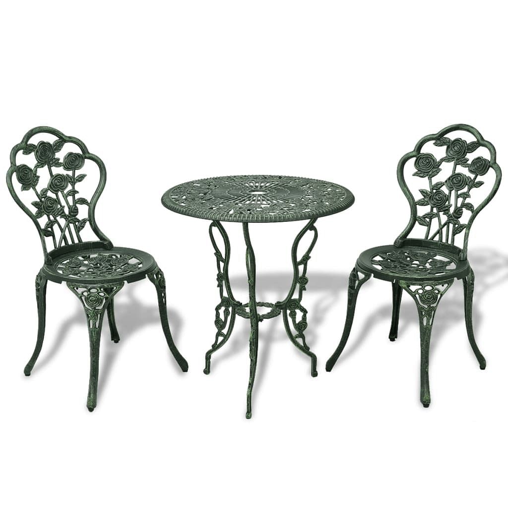 Bistro table and chair green cast aluminum decorative inlays