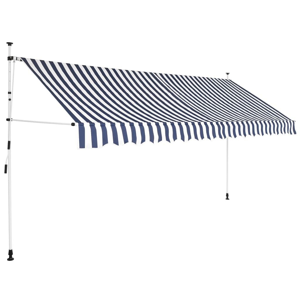 Retractable awning blue and white polyester with pu coating, steel
