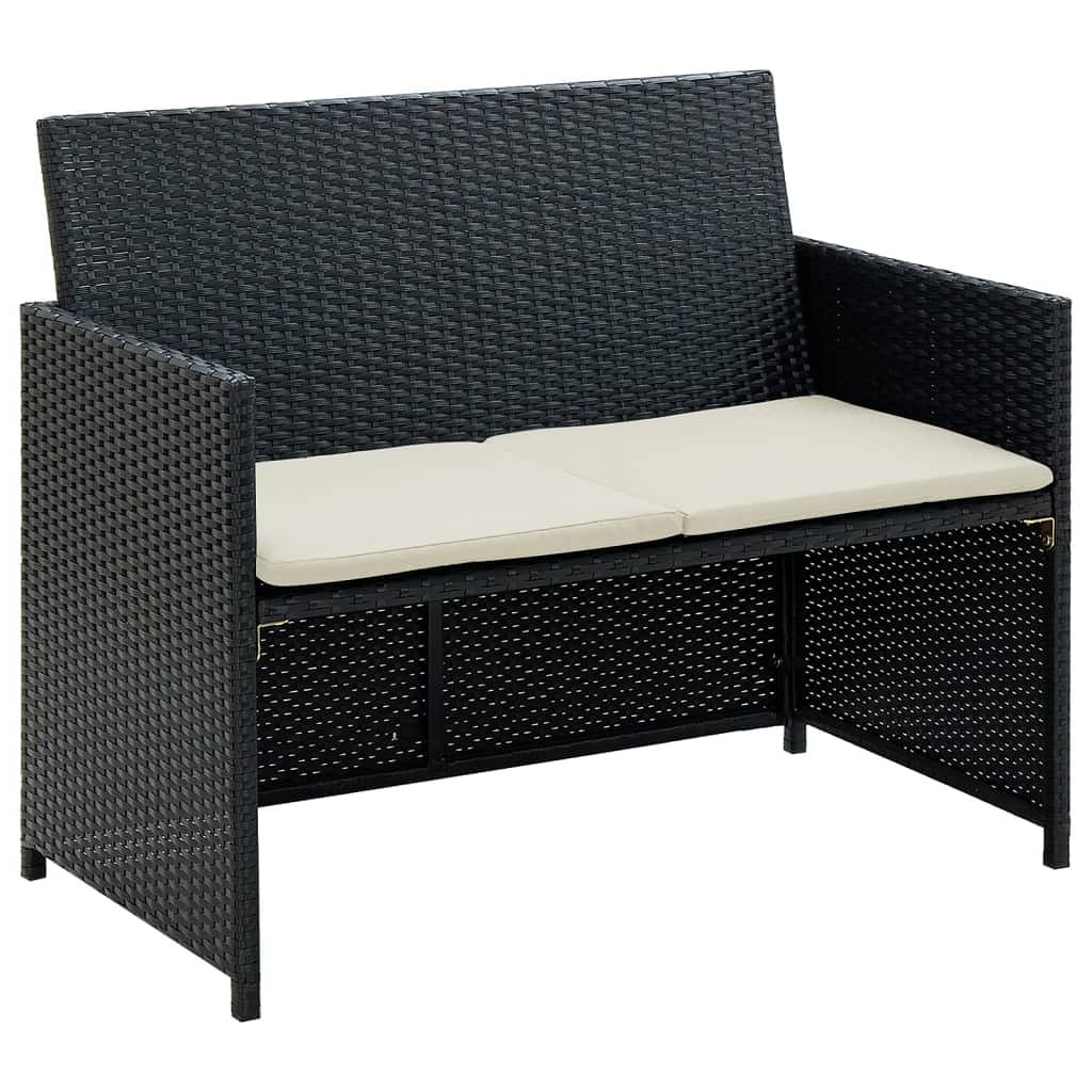 2-seater sofa black poly rattan, powder-coated steel, polyester