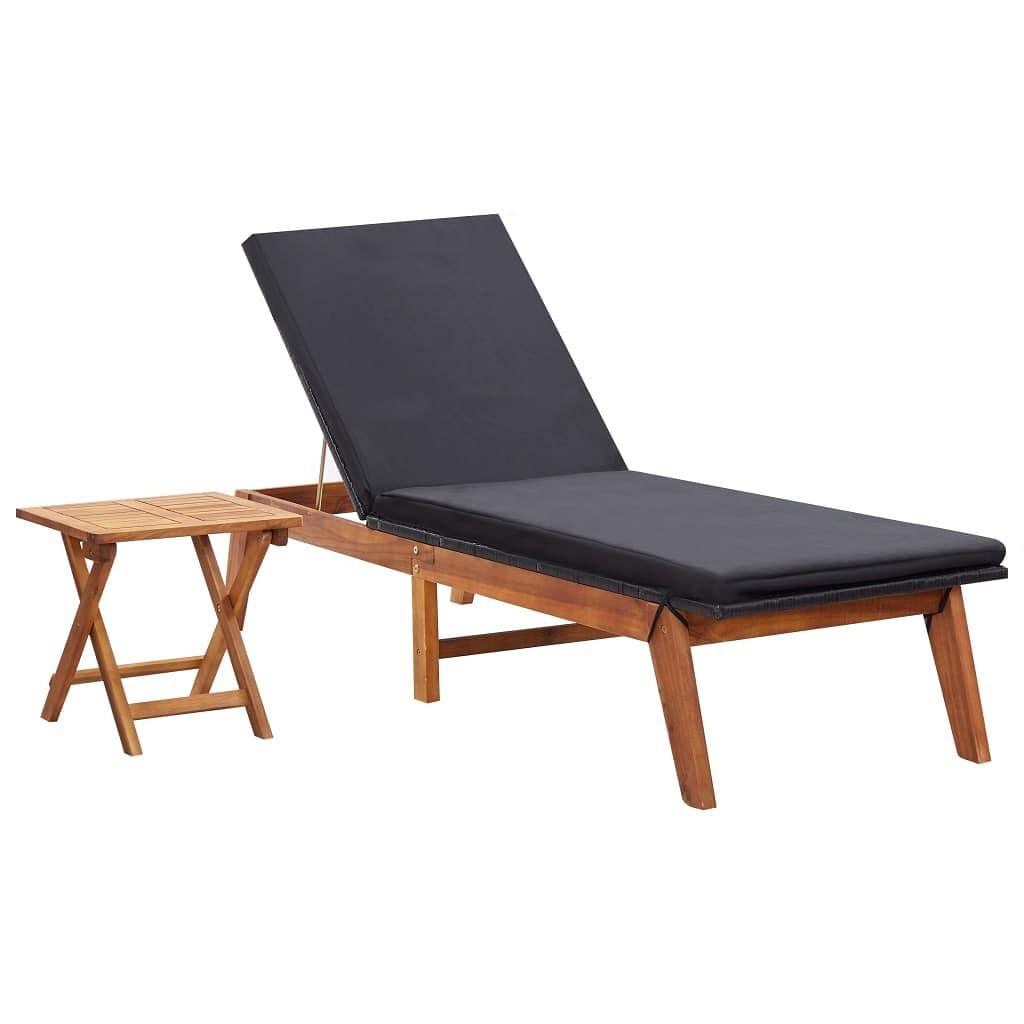 Sunlounger black and brown pe rattan and solid acacia wood large