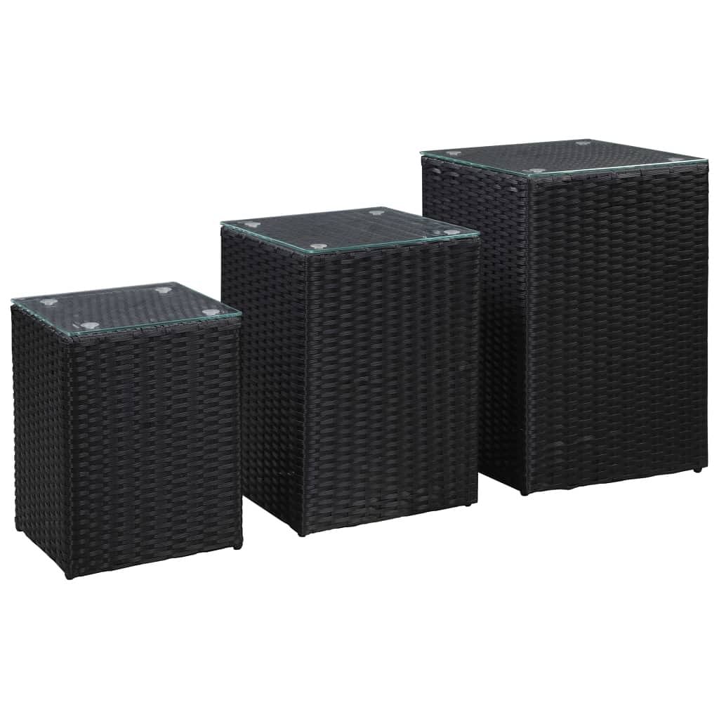 Side tables 3 pcs with glass top black poly rattan