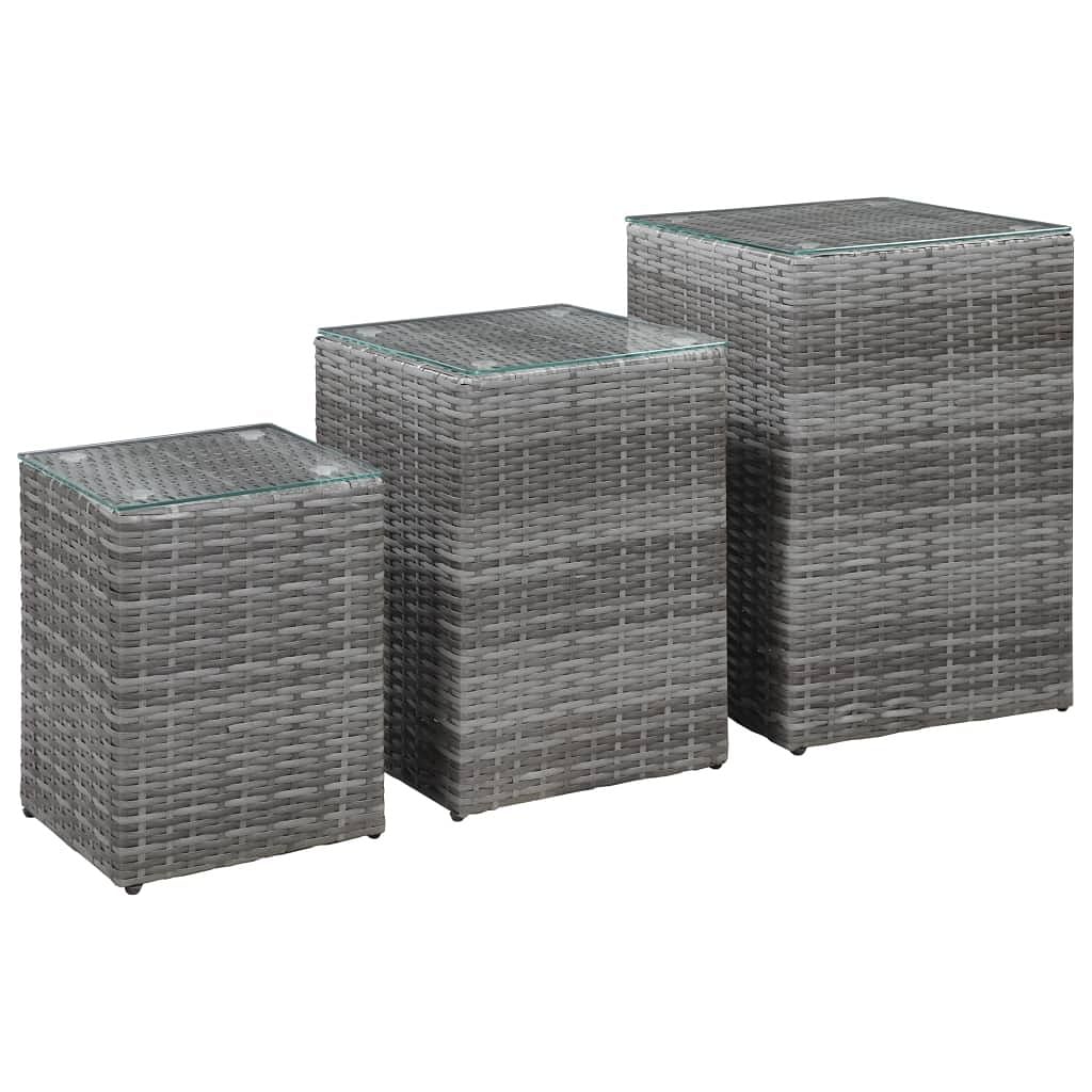 Side table set of 3 gray poly rattan, glass, metal