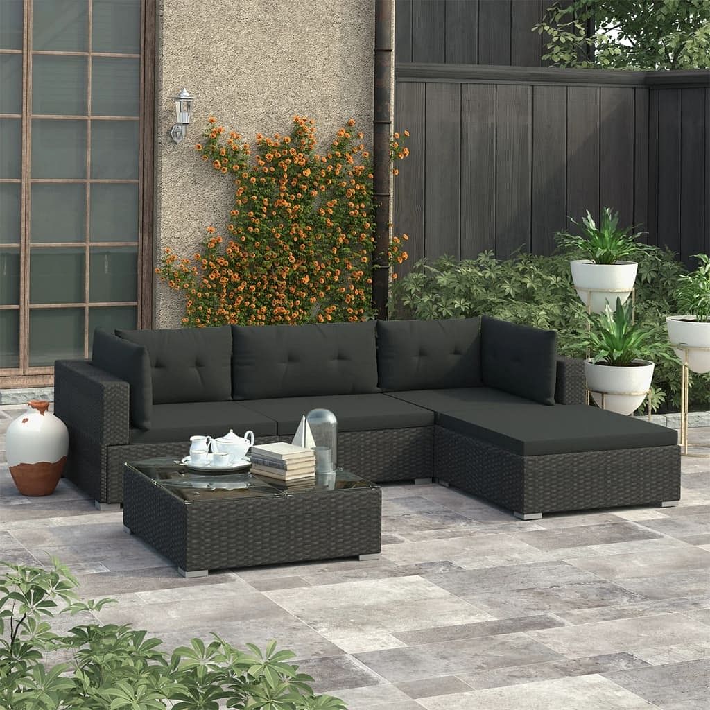 Patio lounge set set of 5 black pe rattan modular