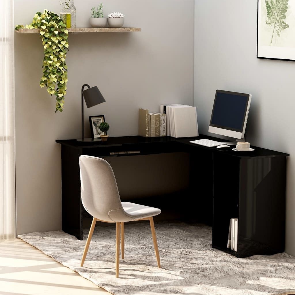 Corner desk high gloss black engineered wood 47.2x55.1x29.5 in