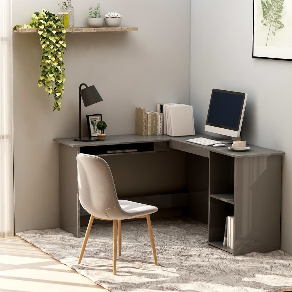 Corner desk high gloss grey engineered wood sliding components