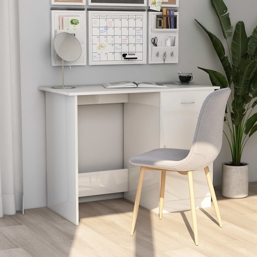 Desk high gloss white engineered wood standard desk rectangular