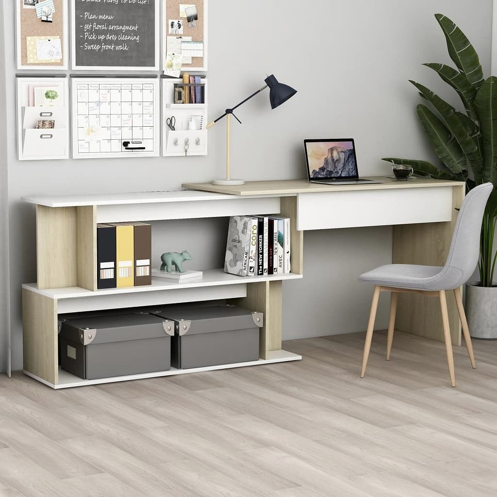 Desk white engineered wood 78.7 in long rotatable desk