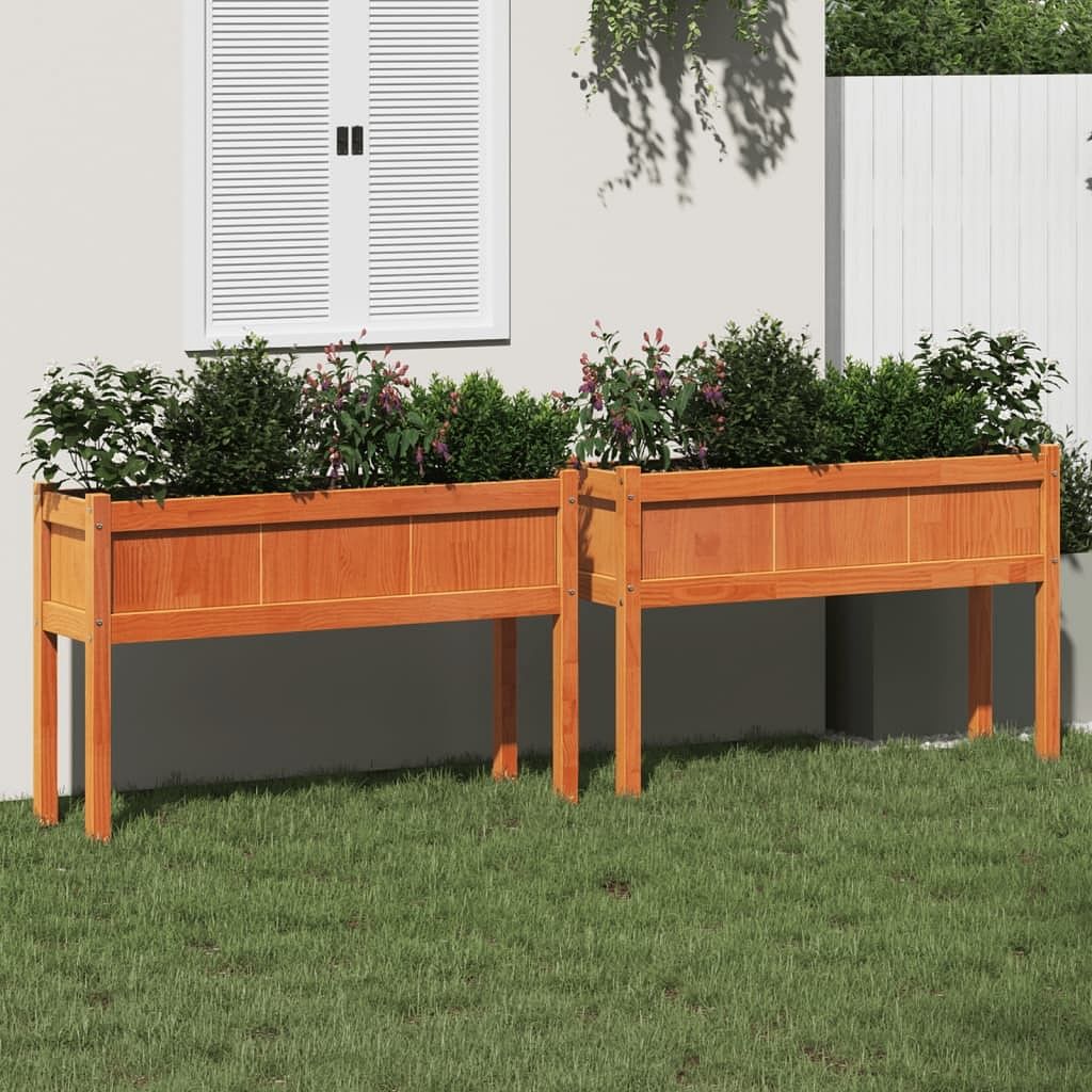 Garden planter set of 2 wax brown solid pine wood medium