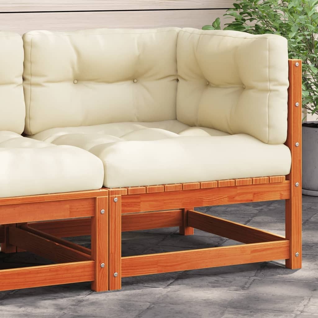 Patio sofa wax brown wood, cream cushions