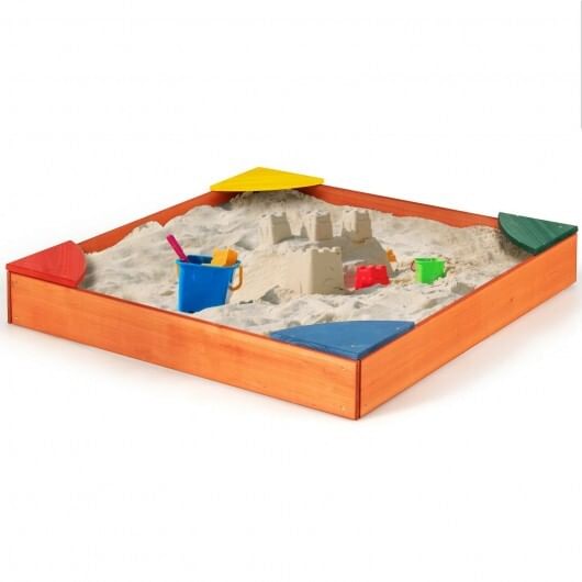 Kids outdoor wooden backyard sandbox with built-in corner seating