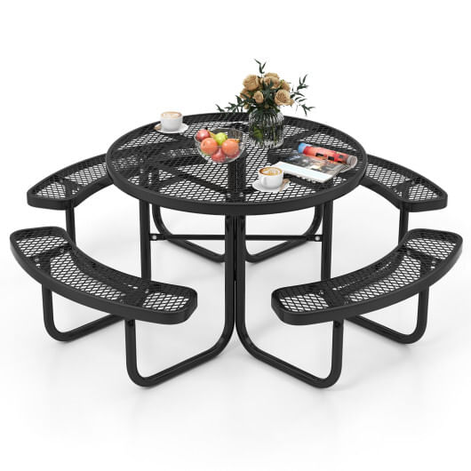 45 inches outdoor round picnic table and bench set for 8 with umbrella hole-black