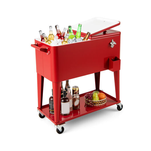Portable patio cooler with bottom storage shelf and bottle opener-red