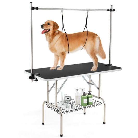 Foldable dog grooming table with height adjustable arms-black