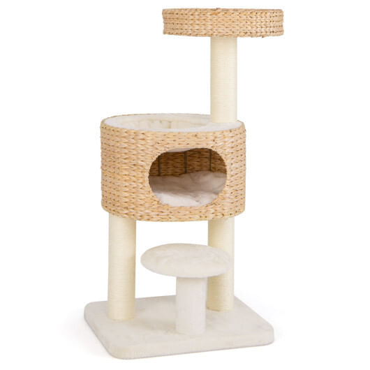 Modern cat tower cat tree with top perch cattail fluff condo-natural