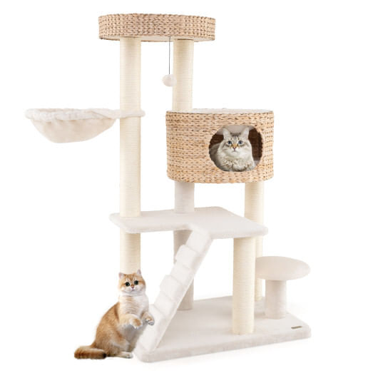 Modern cat tree for indoor cats with cattail fluff condo and top perch-natural