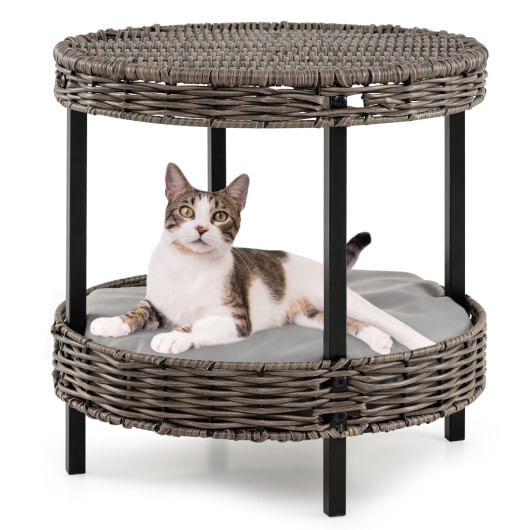2-tier rattan cat nest with removable padded cushion-gray